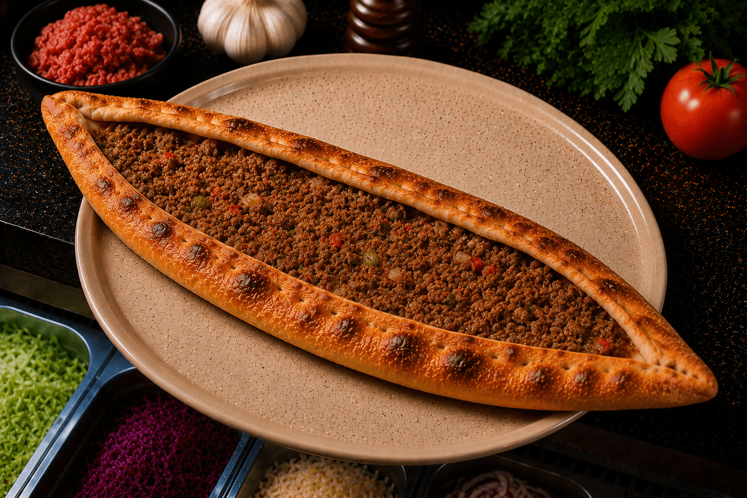 Pide mit Faschiertem, Zwiebeln, Knoblauch und grüner Paprika