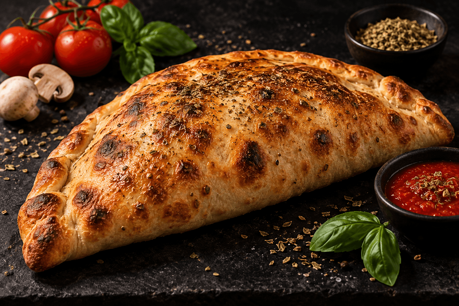 Calzone mit Schinken, Champignons, Oliven und Artischocken