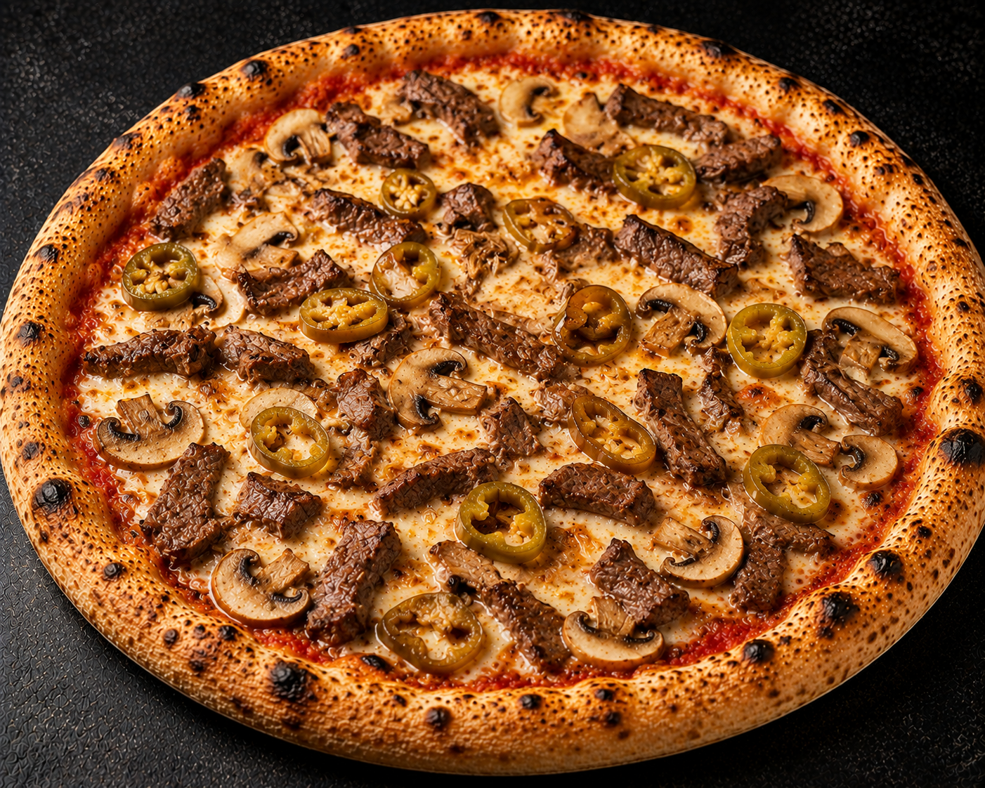 Pizza Fero Spezial mit Champignons, Pfefferoni und Steak