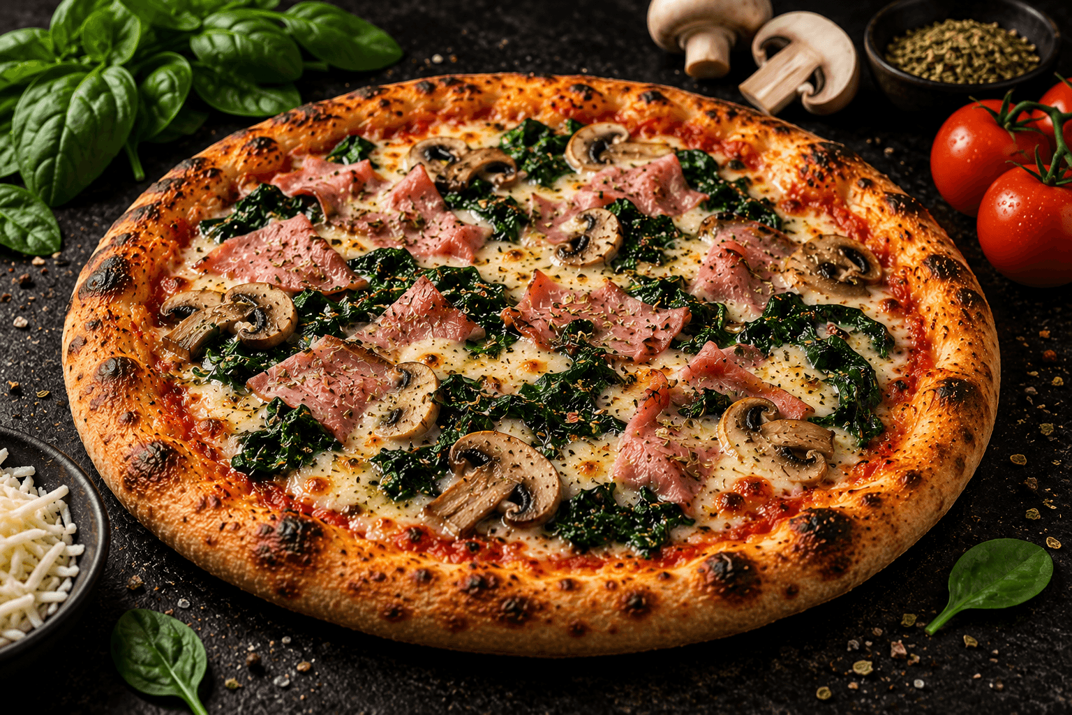 Pizza Fiorentina mit Schinken und Champignons
