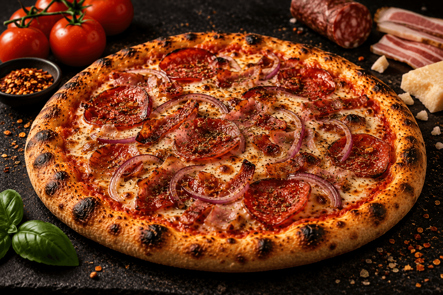 Pizza Mafiosi mit Schinken, Salami, Speck, roten Zwiebeln und Pfefferoni