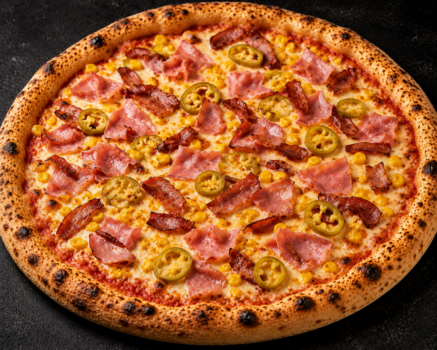 Pizza Provenziala mit Mais, Pfefferoni, Schinken und Rind Speck