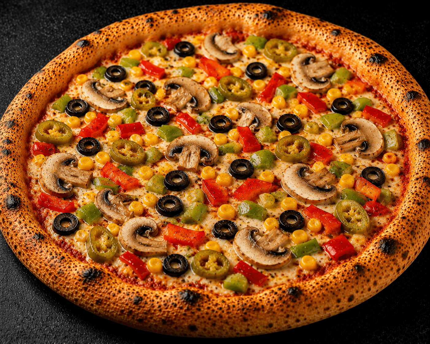 Vegetarische Pizza mit Mais, Paprika, Oliven, Pfefferoni und Champignons