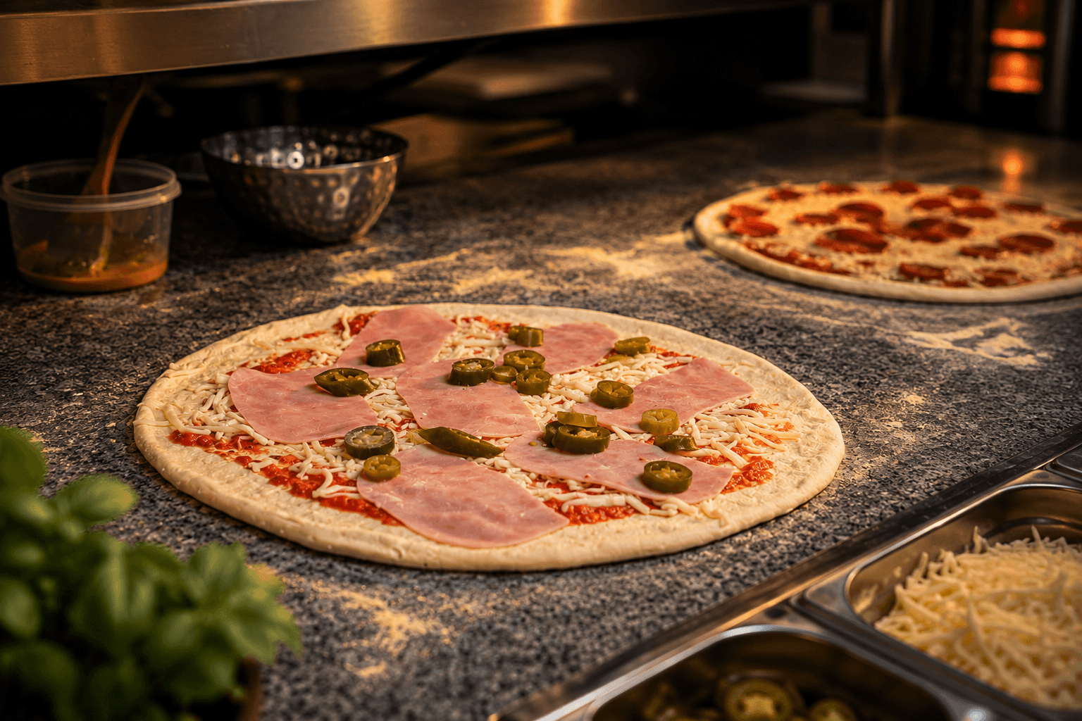 Frisch belegte Pizza in der Zubereitung bei Fero