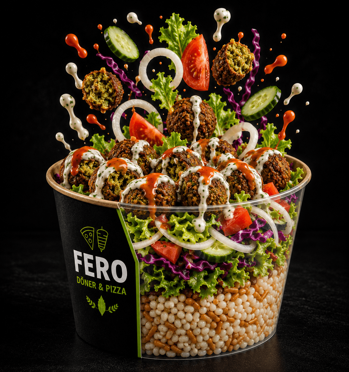 Falafel Bowl mit Reis, Salat und Soßen