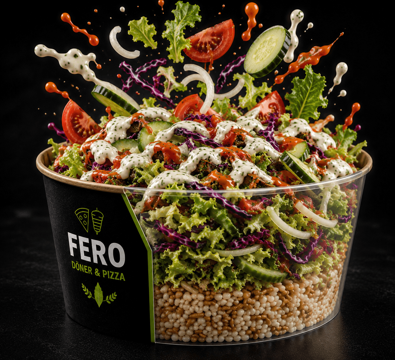 Vegetarische Bowl mit Reis, Salat und Soßen